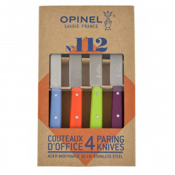 OPINEL - Coffret de 4 Couteaux N°112 Couleurs Acidulées - 4 Couteaux Office  - Cuisine Lame Inox 10 cm & Manche Bois de Charme - Bleu Azur, Mandarine